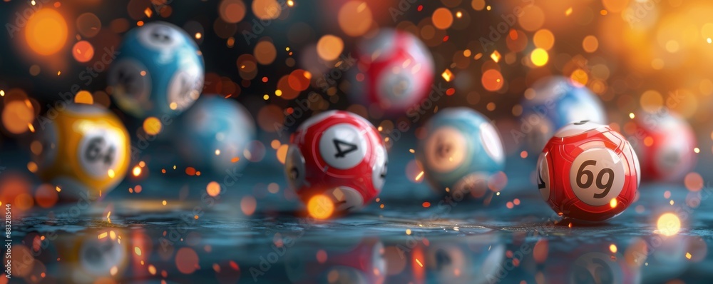 Several multi-colored lottery balls are falling on a dark background with warm bokeh lights